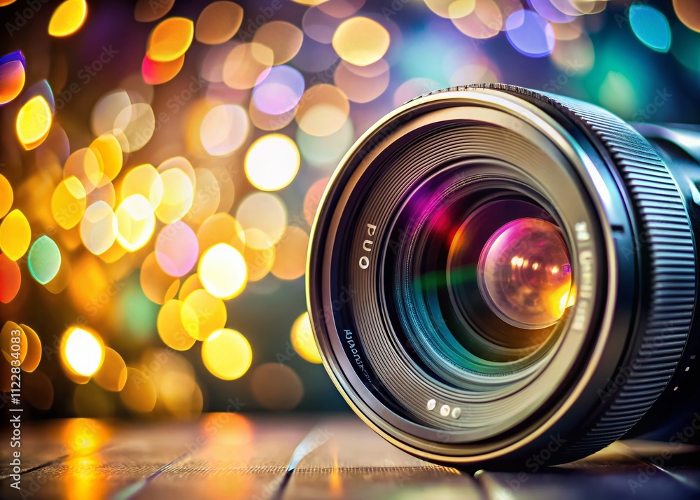 Poster close-up of a camera lens with bokeh effect capturing light and color, perfect for photography enthu