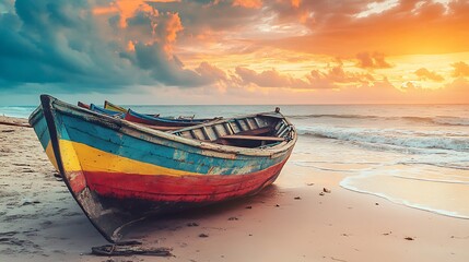 Fototapeta premium Vibrant wooden boat on a tropical sandy beach during a spectacular sunset : Generative AI