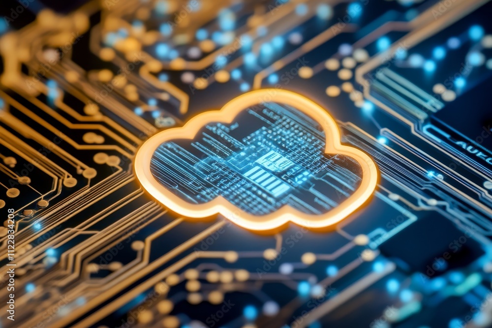 Poster futuristic cloud technology concept with circuit board design illustrating digital data storage and 