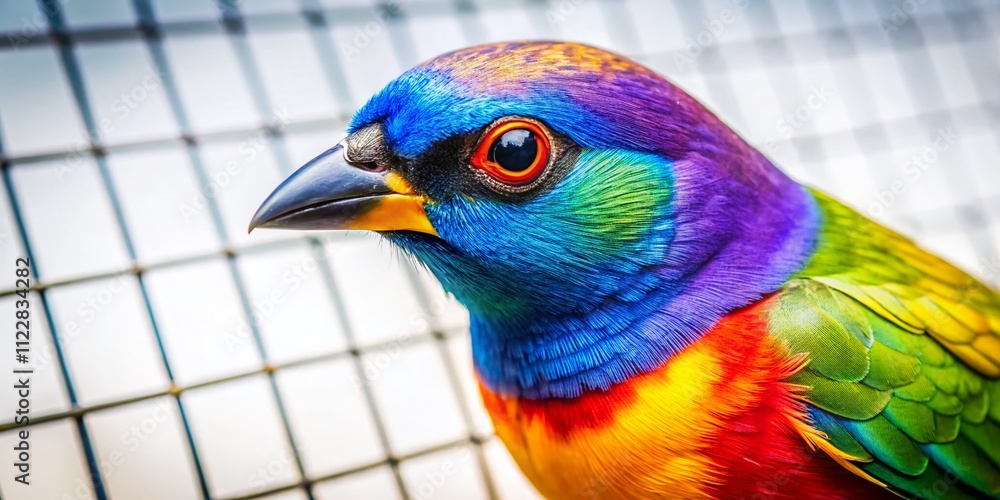 Poster close-up of a colorful bird on a white background captured using the rule of thirds, showcasing its 