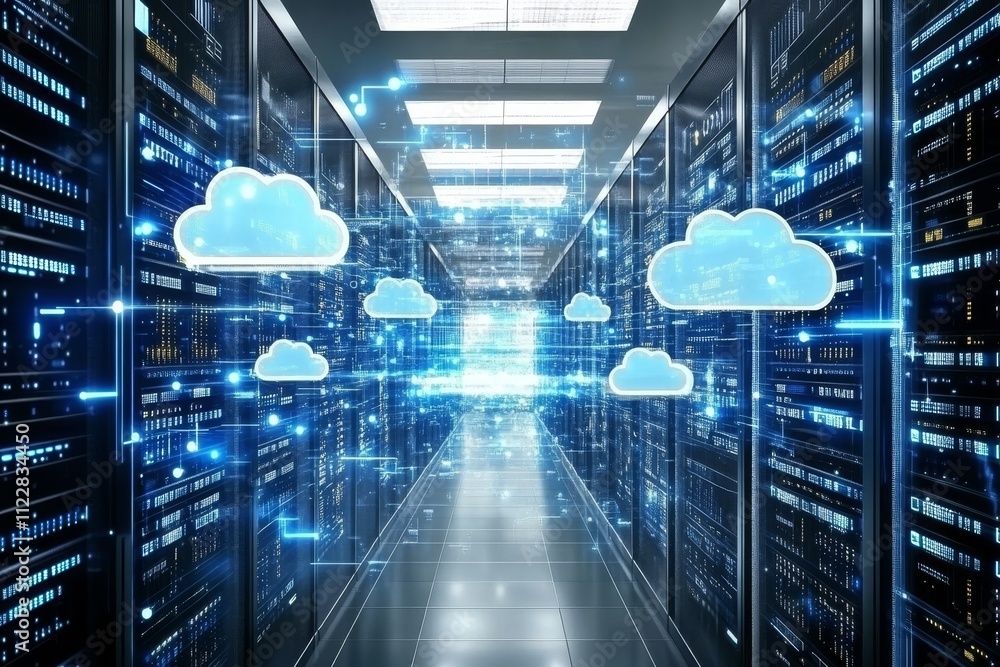 Aufkleber futuristic data center with digital cloud technology and server racks showcasing advanced computing 