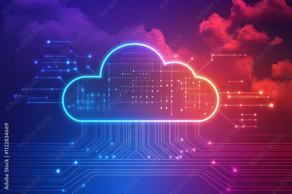Poster futuristic digital cloud illustration with neon light effect, technology concept with data streams, 