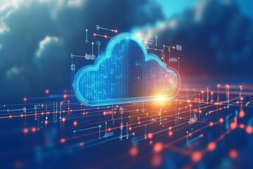 Fototapeta premium Futuristic Digital Cloud Computing Concept with Data Connections and Blue Background, Illustrating Modern Technology and Cloud Solutions in a Digital World