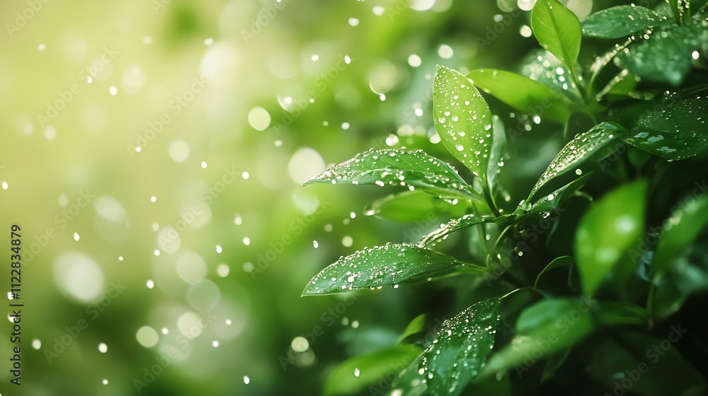 Poster Lush Green Leaves with Dew Drops and Bokeh Light Background : Generative AI
