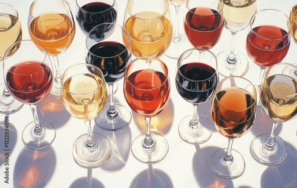Poster a spectacular display of various wine glasses filled with rich colors ranging from deep reds to brig