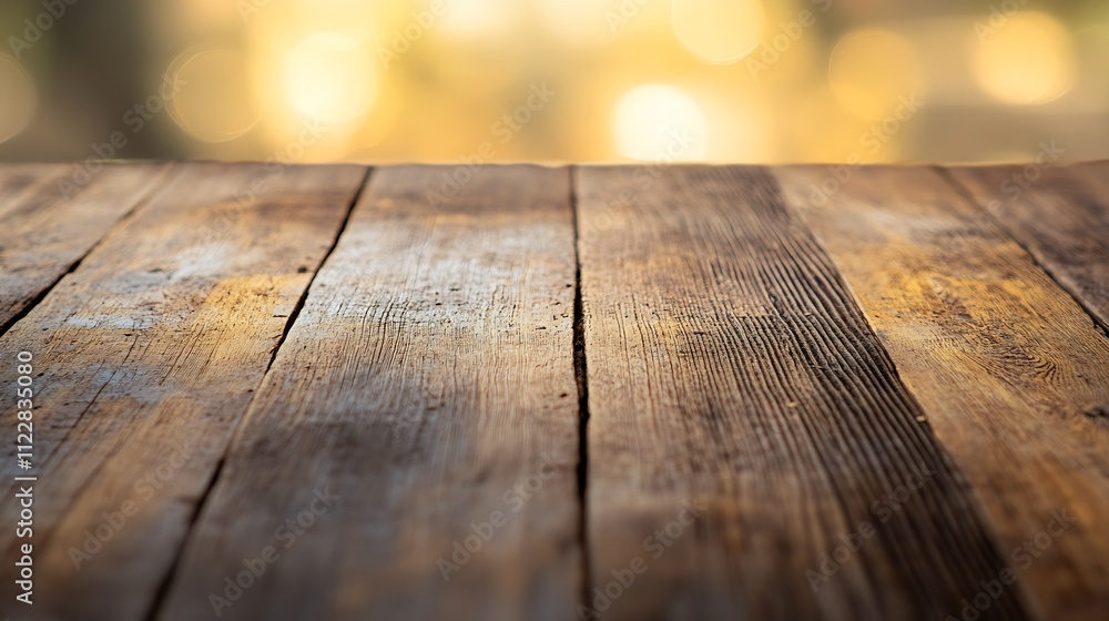 Poster Rustic Wooden Tabletop with Blurred Sunlit Bokeh Background : Generative AI