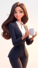 A stylish woman in a suit holding a coffee mug, exuding confidence and professionalism.