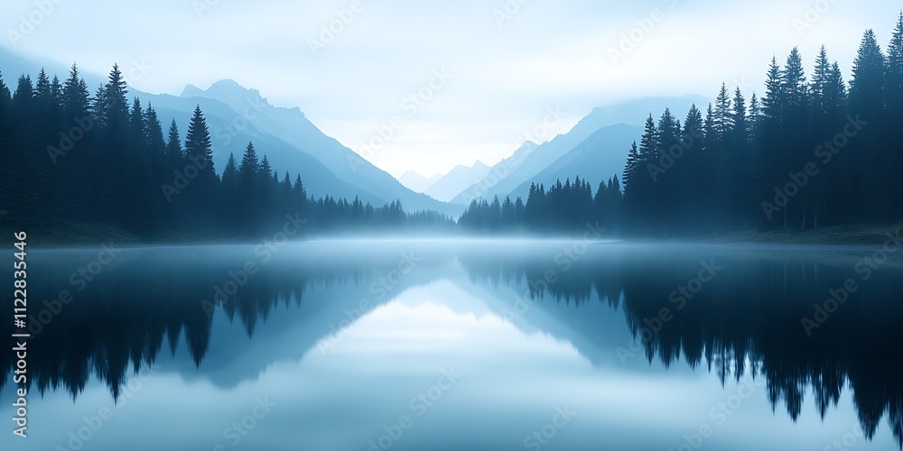 Poster foggy dawn with mirror lake and majestic mountain range encased in lush pine forest : generative ai
