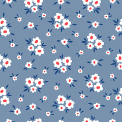 Seamless pattern with white flowers on blue background. Cute hand drawn floral pattern for your fabric, summer background, wallpaper, backdrop, textile. Vector illustration