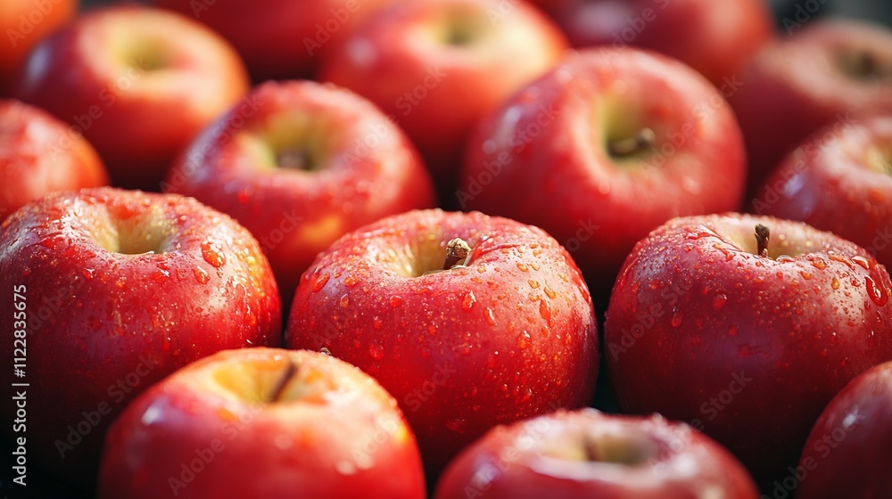 Poster fresh red apples with water droplets in natural daylight : generative ai