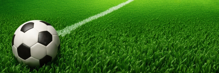 Fototapeta premium A soccer ball on a green background of a football field. The banner serves as an excellent background for a sports-themed menu.