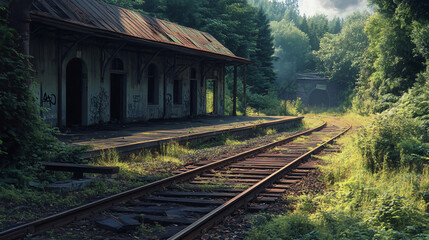 Obraz premium An abandoned railway station with rusting tracks, overgrown weeds, and an eerie, quiet atmosphere surrounding the dilapidated building.