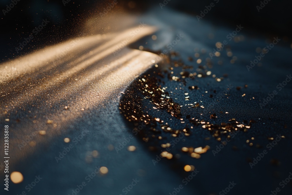Poster glowing particles in motion captured by sunlight on a dark surface, creating a dreamy and enchanting
