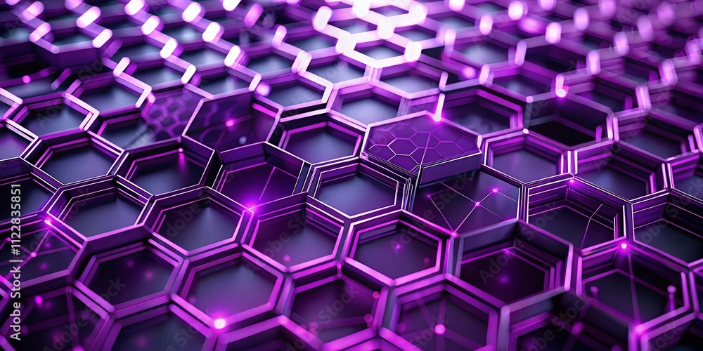 Poster closeup of a lively purple hexagonal digital network pattern, ideal for technology backgrounds and f
