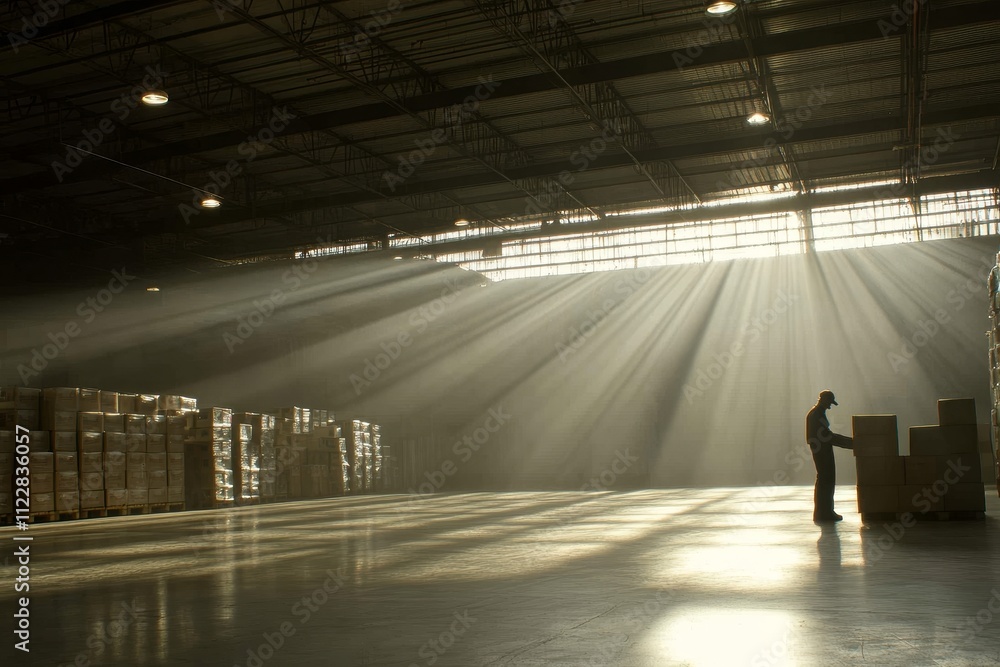 Poster glowing sunlight streams through warehouse windows illuminating a worker organizing boxes among stac