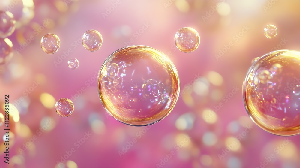 Poster golden soap bubbles on soft pink and peach pastel background : generative ai