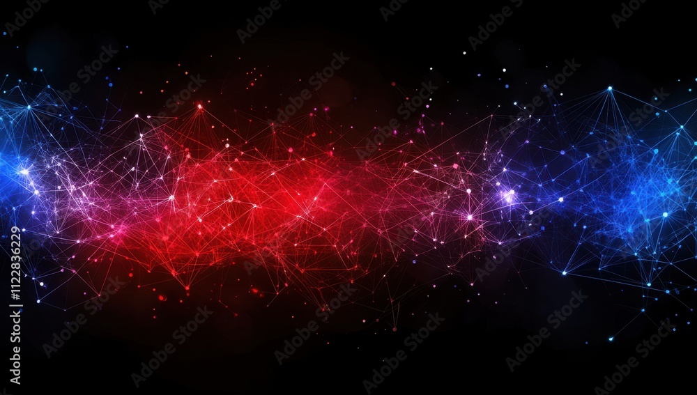 Poster abstract cosmic web with interconnected glowing nodes in vibrant red and blue colors against a dark 