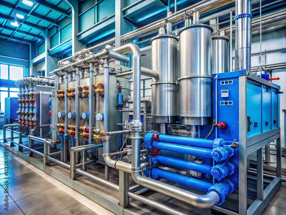 Poster close-up of an automated computerized ozone generator in a water production factory for ozonation of