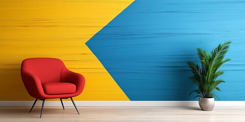 A vibrant modern living space featuring a red accent chair against a striking yellow and blue wall, complemented by a green potted plant. house interior, arrangement ideas