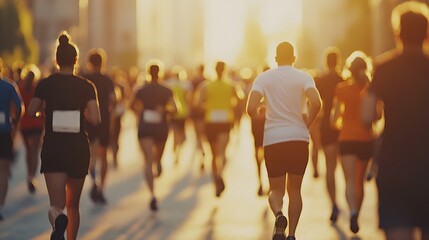 Sunlit City Marathon with Diverse Group of Runners in Motion : Generative AI
