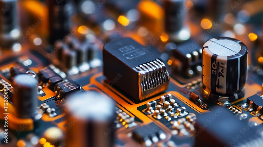 Aufkleber Macro Shot of Electronic Circuit Board Focused on Microchip and Components : Generative AI