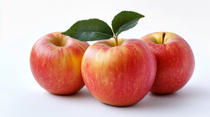 Three Red Apples with Lush Green Leaves on White Isolated Background : Generative AI