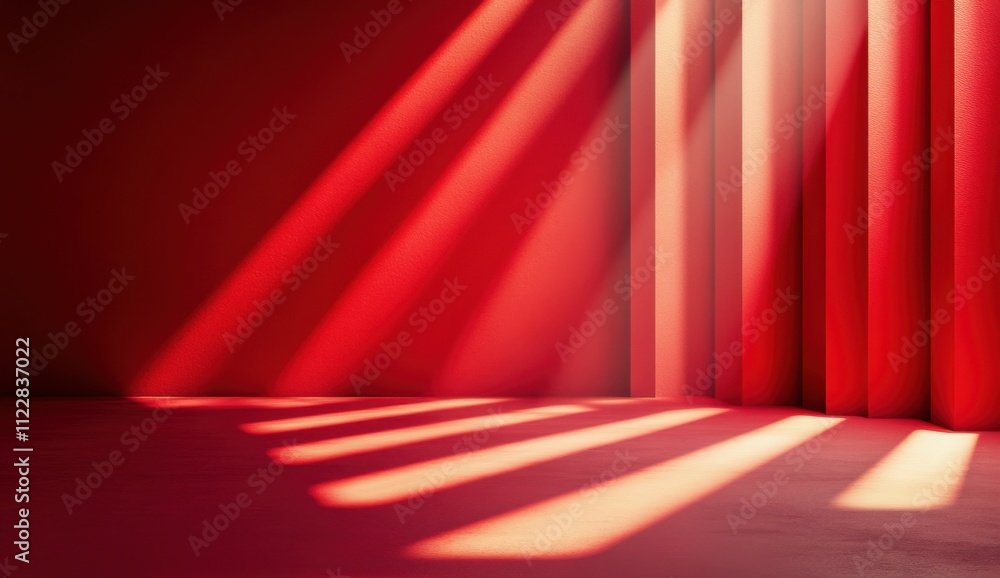 Poster abstract play of light and shadow on red wall with drapes creating a warm and inviting atmosphere id