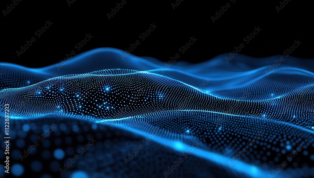 Poster abstract representation of flowing blue particles in a digital landscape, showcasing a wave-like pat