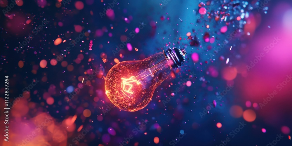 Poster abstract representation of illuminating idea with floating light bulb surrounded by colorful particl