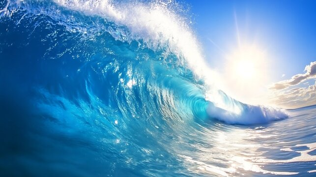 Spectacular Ocean Wave with Sunlit Crest against Blue Sky : Generative AI