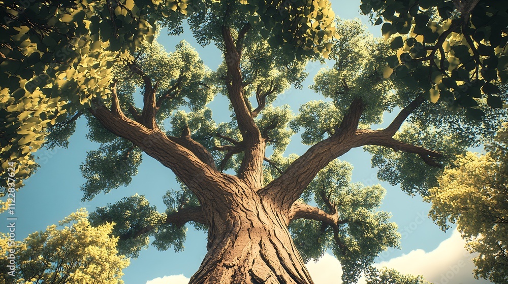 Poster majestic oak tree reaching toward the sky surrounded by sunlit leaves in forest canvas art print : g