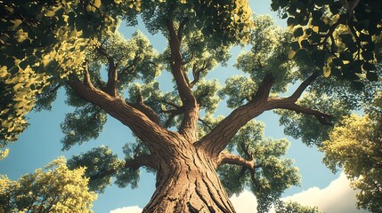 Fototapeta premium Majestic Oak Tree Reaching Toward the Sky Surrounded by Sunlit Leaves in Forest Canvas Art Print : Generative AI