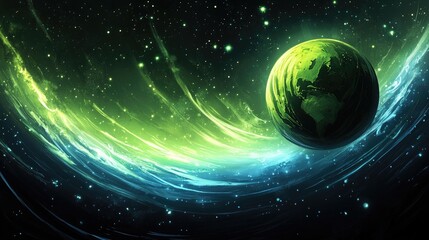 Fototapeta premium Enchanting cosmic artwork depicting a vibrant green planet amidst swirling nebulae, showcasing stunning celestial details and ethereal glow.