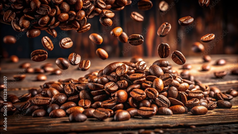 Poster close-up of coffee beans pouring from above on a table in slow motion, capturing the rich texture an