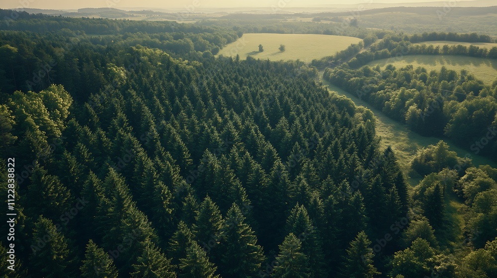 Poster Expansive Forested Landscape with Rolling Hills Aerial View : Generative AI