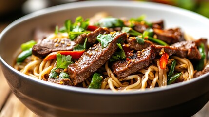 Delicious spicy beef noodle soup served in a bowl. Close-up