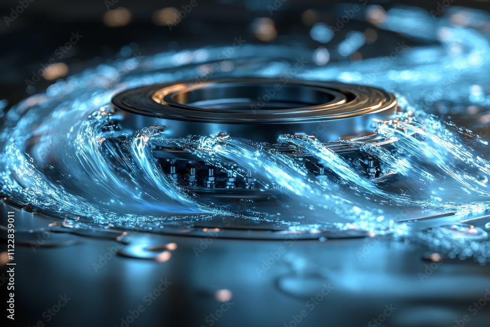 Poster Water flows dynamically around a central mechanism in an abstract, futuristic setting