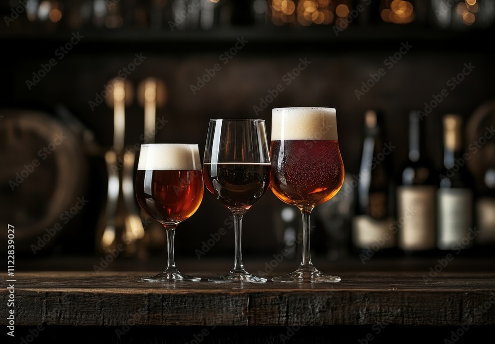 Poster aesthetic display of three different types of beer in elegant glassware against a dark rustic backgr