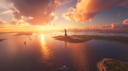 Aerial panoramic view of the Statue of Liberty at sunset over New York City skyline.