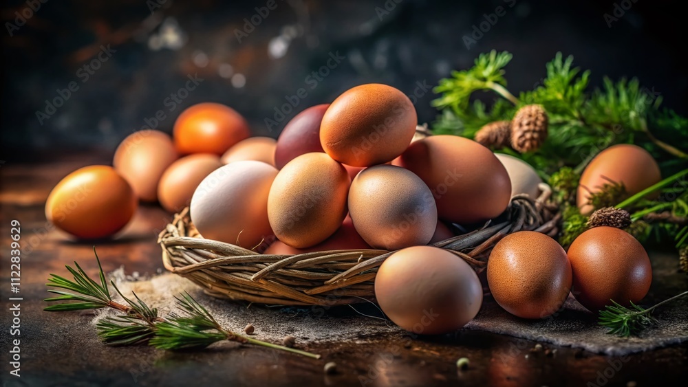 Poster close-up of fresh chicken eggs on a dark countertop with high depth of field, capturing the texture 