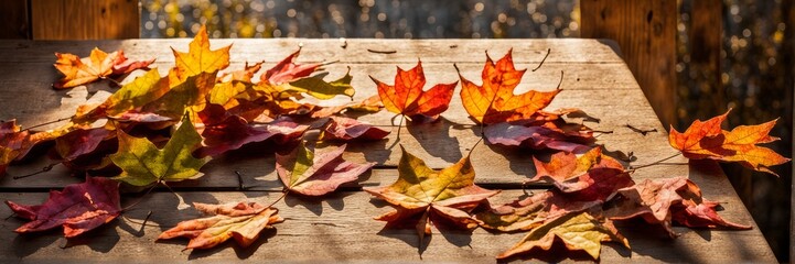 A banner depicting bright autumn leaves scattered on a wooden table against a golden sunset background.