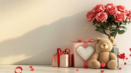 Romantic Arrangement with Roses, Gifts, and Teddy Bear on Light Background