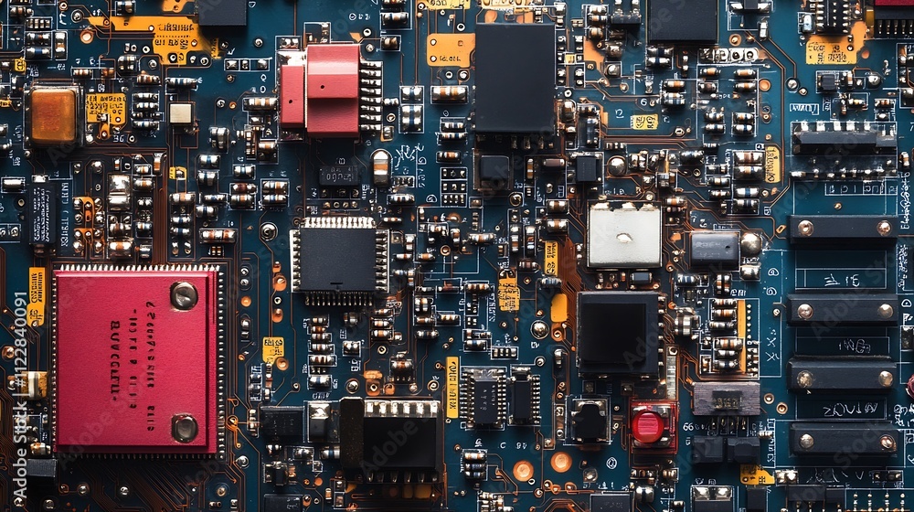 Aufkleber Closeup of a Complex Electronic Circuit Board with Chips and Components : Generative AI