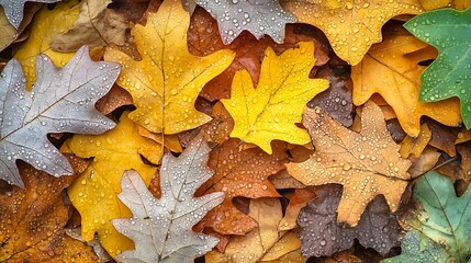 Colorful Fall Leaves with Dew Drops Displaying Autumn's Natural Beauty : Generative AI