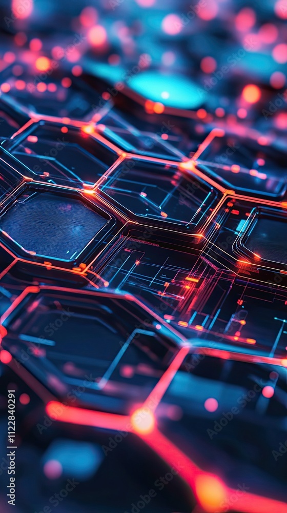 Poster abstract hexagonal circuit board pattern illuminated with red and blue lights