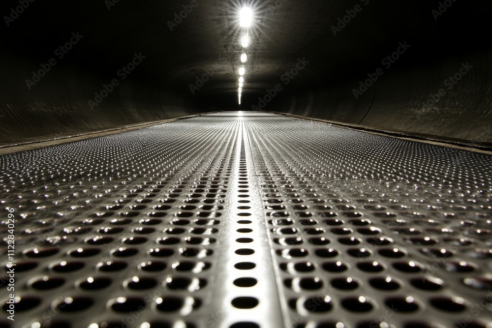 Poster industrial tunnel view with illuminated metallic floor featuring perforations leading into darkness 