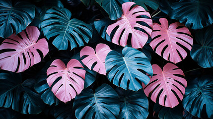 Tropical leaves foliage background in vibrant colors showcasing nature's beauty and abundance creating a fresh and serene atmosphere with lush greenery and organic textures inviting a sense of tranqui
