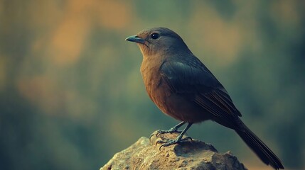 Naklejka premium Solitary Bird Perched Elegantly On a Steady Rock with Soft Neutral Backdrop : Generative AI