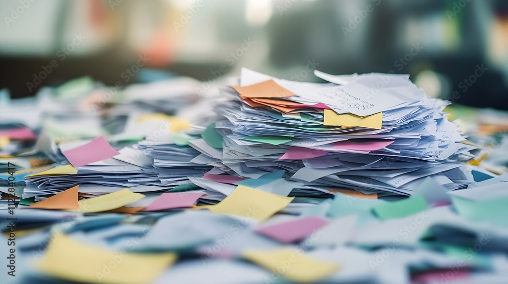 Poster colorful stack of papers and documents in a busy office environment : generative ai