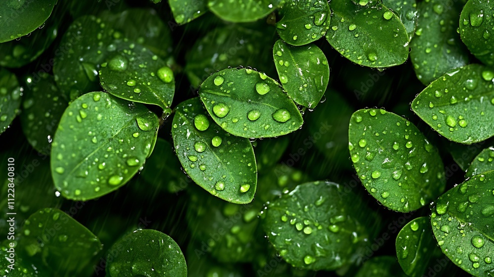 Poster closeup of vibrant green leaves with rain droplets creating a fresh natural backdrop : generative ai